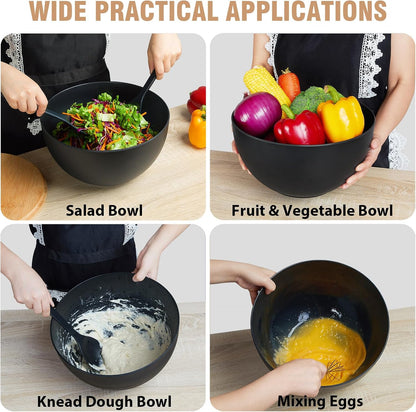 11.3" Extra Large Salad Serving Bowl Set with Wooden Lid&Utensils, 6.5Qt., Bamboo Fiber Salad Bowl with Servers for Kitchen, Lightweight Big Bowl for Mixing Salad,Fruit,Pasta - Matte White