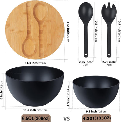 11.3" Extra Large Salad Serving Bowl Set with Wooden Lid&Utensils, 6.5Qt., Bamboo Fiber Salad Bowl with Servers for Kitchen, Lightweight Big Bowl for Mixing Salad,Fruit,Pasta - Matte White