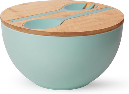 11.3" Extra Large Salad Serving Bowl Set with Wooden Lid&Utensils, 6.5Qt., Bamboo Fiber Salad Bowl with Servers for Kitchen, Lightweight Big Bowl for Mixing Salad,Fruit,Pasta - Matte White