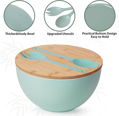 11.3" Extra Large Salad Serving Bowl Set with Wooden Lid&Utensils, 6.5Qt., Bamboo Fiber Salad Bowl with Servers for Kitchen, Lightweight Big Bowl for Mixing Salad,Fruit,Pasta - Matte White
