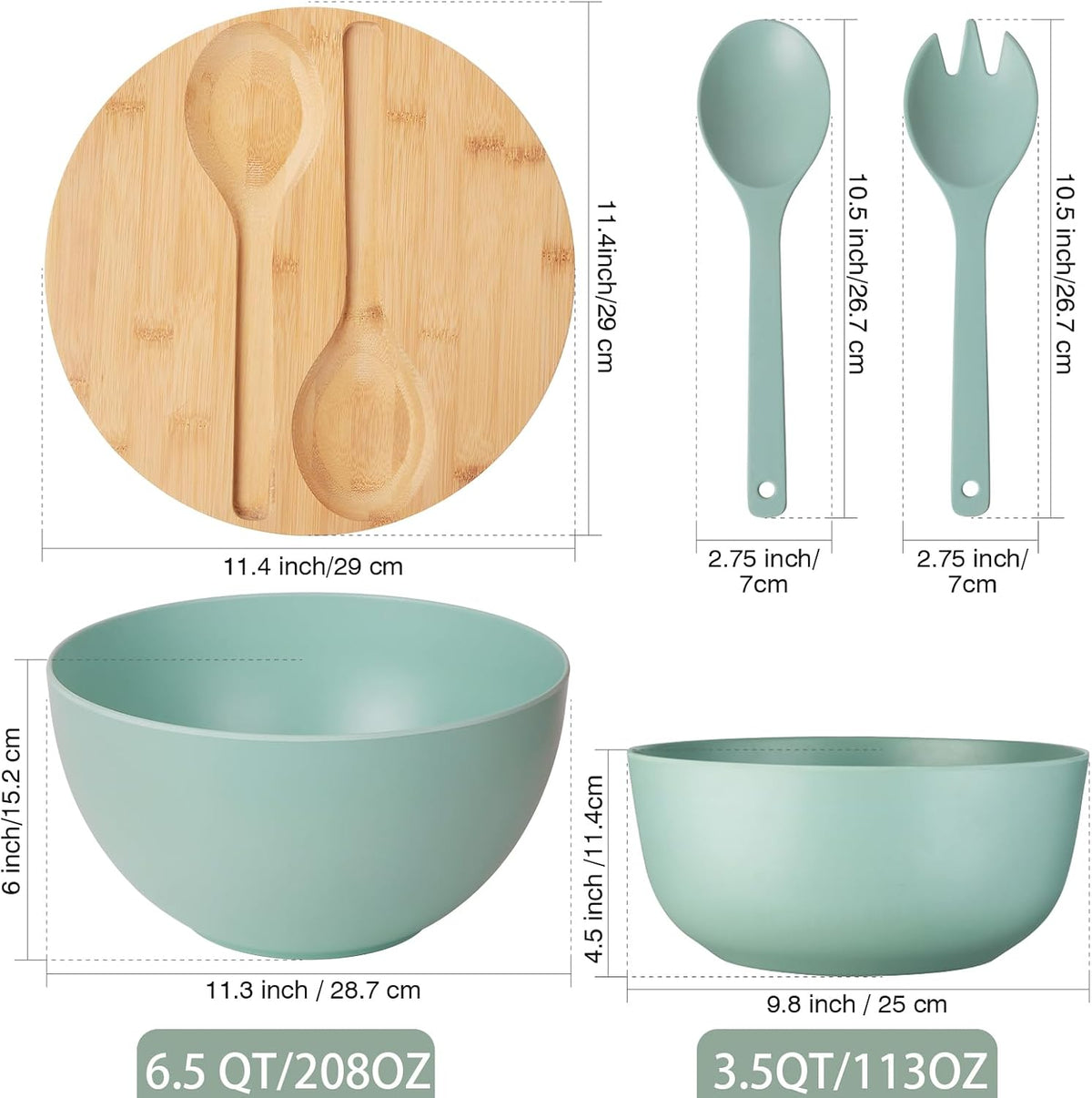 11.3" Extra Large Salad Serving Bowl Set with Wooden Lid&Utensils, 6.5Qt., Bamboo Fiber Salad Bowl with Servers for Kitchen, Lightweight Big Bowl for Mixing Salad,Fruit,Pasta - Matte White
