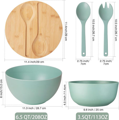 11.3" Extra Large Salad Serving Bowl Set with Wooden Lid&Utensils, 6.5Qt., Bamboo Fiber Salad Bowl with Servers for Kitchen, Lightweight Big Bowl for Mixing Salad,Fruit,Pasta - Matte White