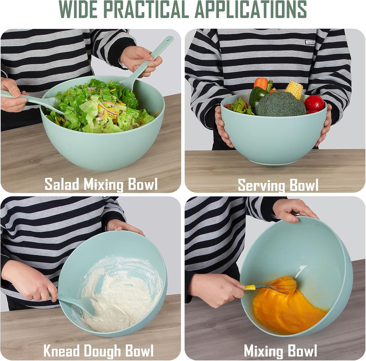 11.3" Extra Large Salad Serving Bowl Set with Wooden Lid&Utensils, 6.5Qt., Bamboo Fiber Salad Bowl with Servers for Kitchen, Lightweight Big Bowl for Mixing Salad,Fruit,Pasta - Matte White