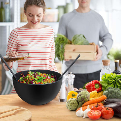 11.3" Extra Large Salad Serving Bowl Set with Wooden Lid&Utensils, 6.5Qt., Bamboo Fiber Salad Bowl with Servers for Kitchen, Lightweight Big Bowl for Mixing Salad,Fruit,Pasta - Matte White
