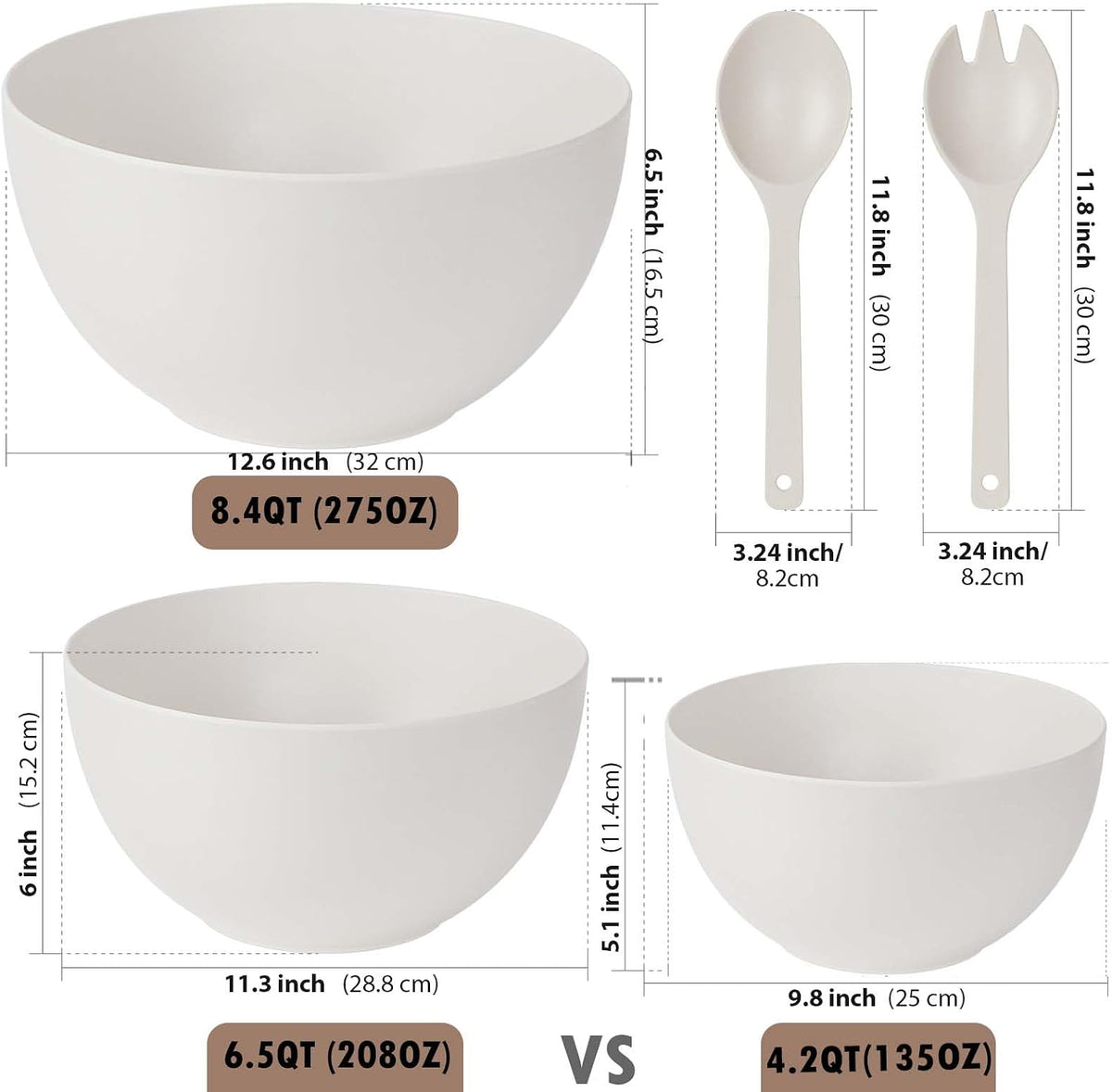 11.3" Extra Large Salad Serving Bowl Set with Wooden Lid&Utensils, 6.5Qt., Bamboo Fiber Salad Bowl with Servers for Kitchen, Lightweight Big Bowl for Mixing Salad,Fruit,Pasta - Matte White