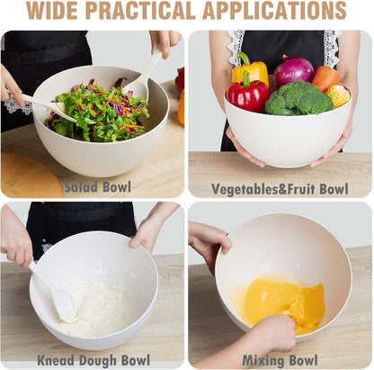 11.3" Extra Large Salad Serving Bowl Set with Wooden Lid&Utensils, 6.5Qt., Bamboo Fiber Salad Bowl with Servers for Kitchen, Lightweight Big Bowl for Mixing Salad,Fruit,Pasta - Matte White