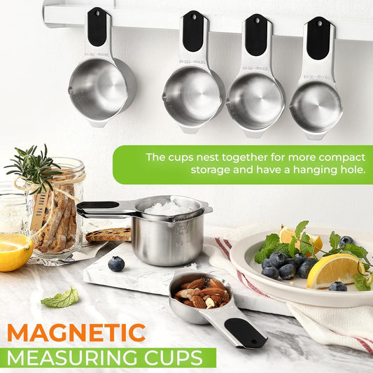 Magnetic Stainless Steel Measuring Cups Set of 7 Patented Black | Metal Measuring Cups for Measuring Dry or Liquid Ingredients, Easy to Read Markings, Dishwasher Safe Nesting Magnetic Cups