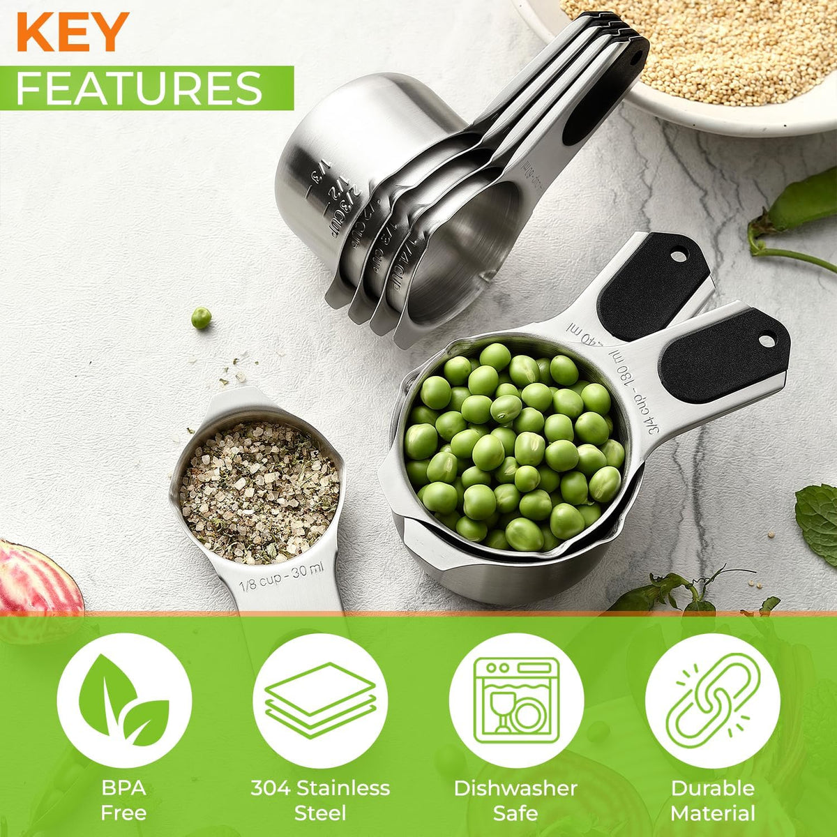 Magnetic Stainless Steel Measuring Cups Set of 7 Patented Black | Metal Measuring Cups for Measuring Dry or Liquid Ingredients, Easy to Read Markings, Dishwasher Safe Nesting Magnetic Cups
