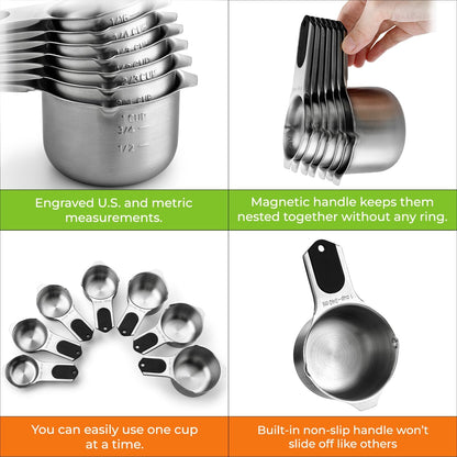 Magnetic Stainless Steel Measuring Cups Set of 7 Patented Black | Metal Measuring Cups for Measuring Dry or Liquid Ingredients, Easy to Read Markings, Dishwasher Safe Nesting Magnetic Cups