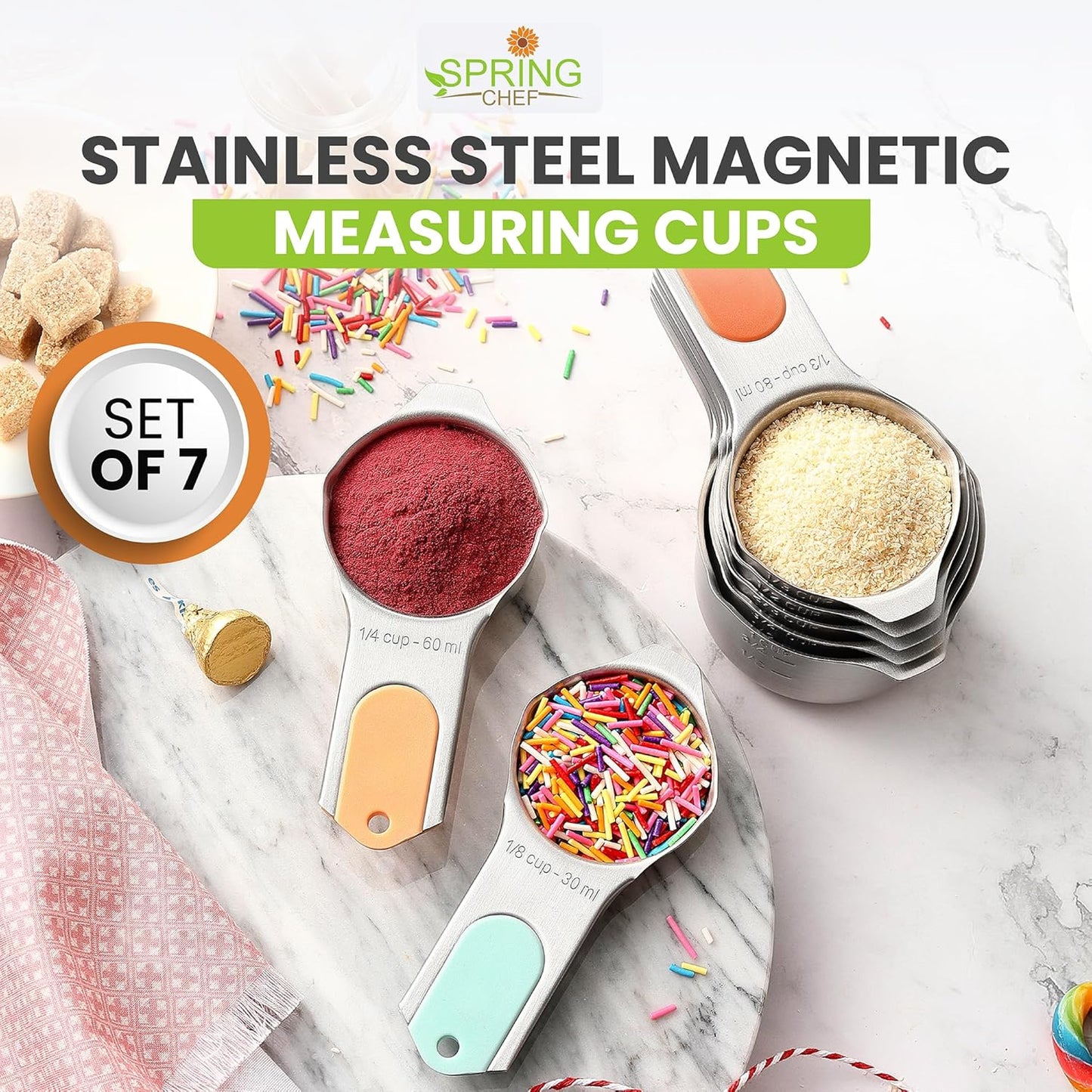 Magnetic Stainless Steel Measuring Cups Set of 7 Patented Black | Metal Measuring Cups for Measuring Dry or Liquid Ingredients, Easy to Read Markings, Dishwasher Safe Nesting Magnetic Cups