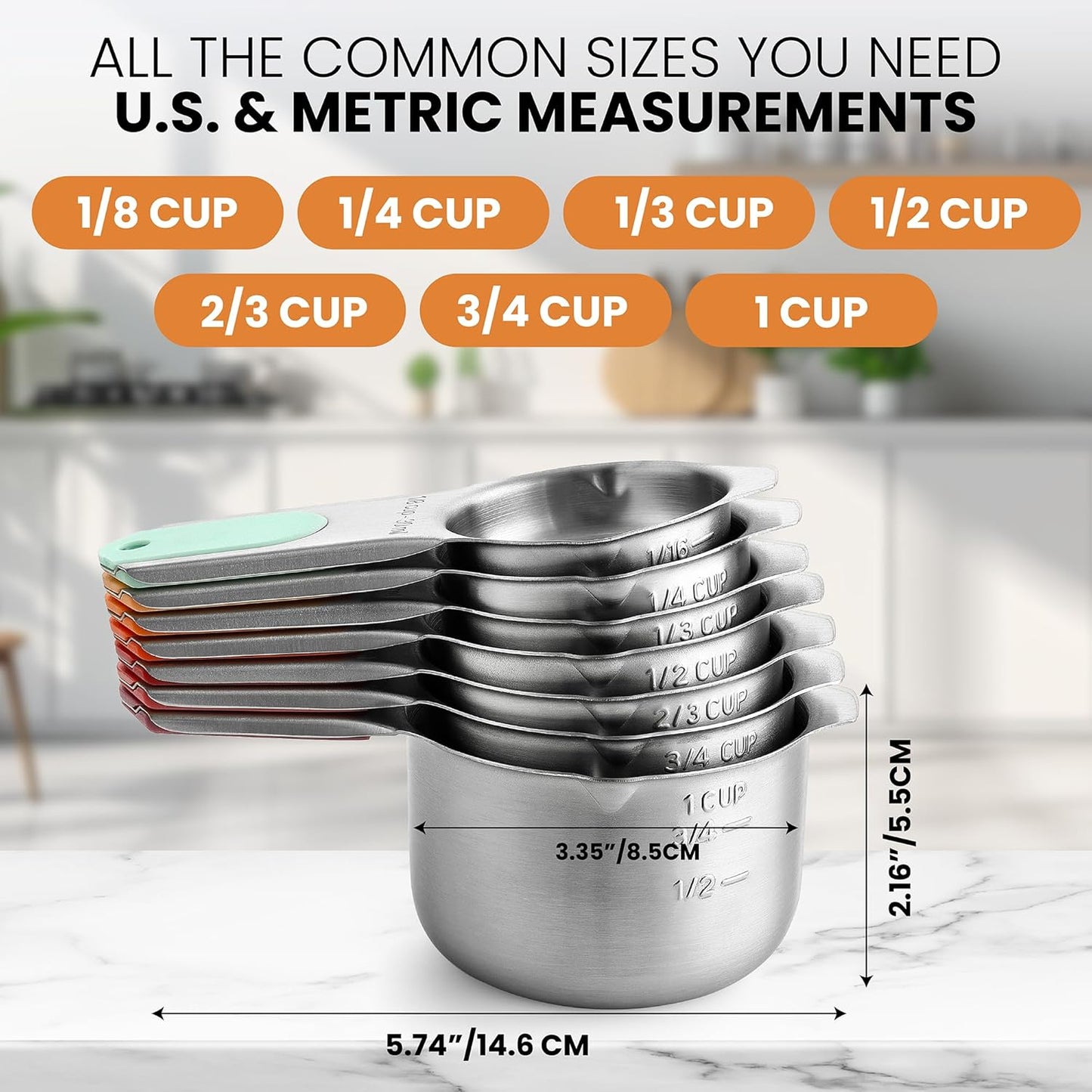 Magnetic Stainless Steel Measuring Cups Set of 7 Patented Black | Metal Measuring Cups for Measuring Dry or Liquid Ingredients, Easy to Read Markings, Dishwasher Safe Nesting Magnetic Cups