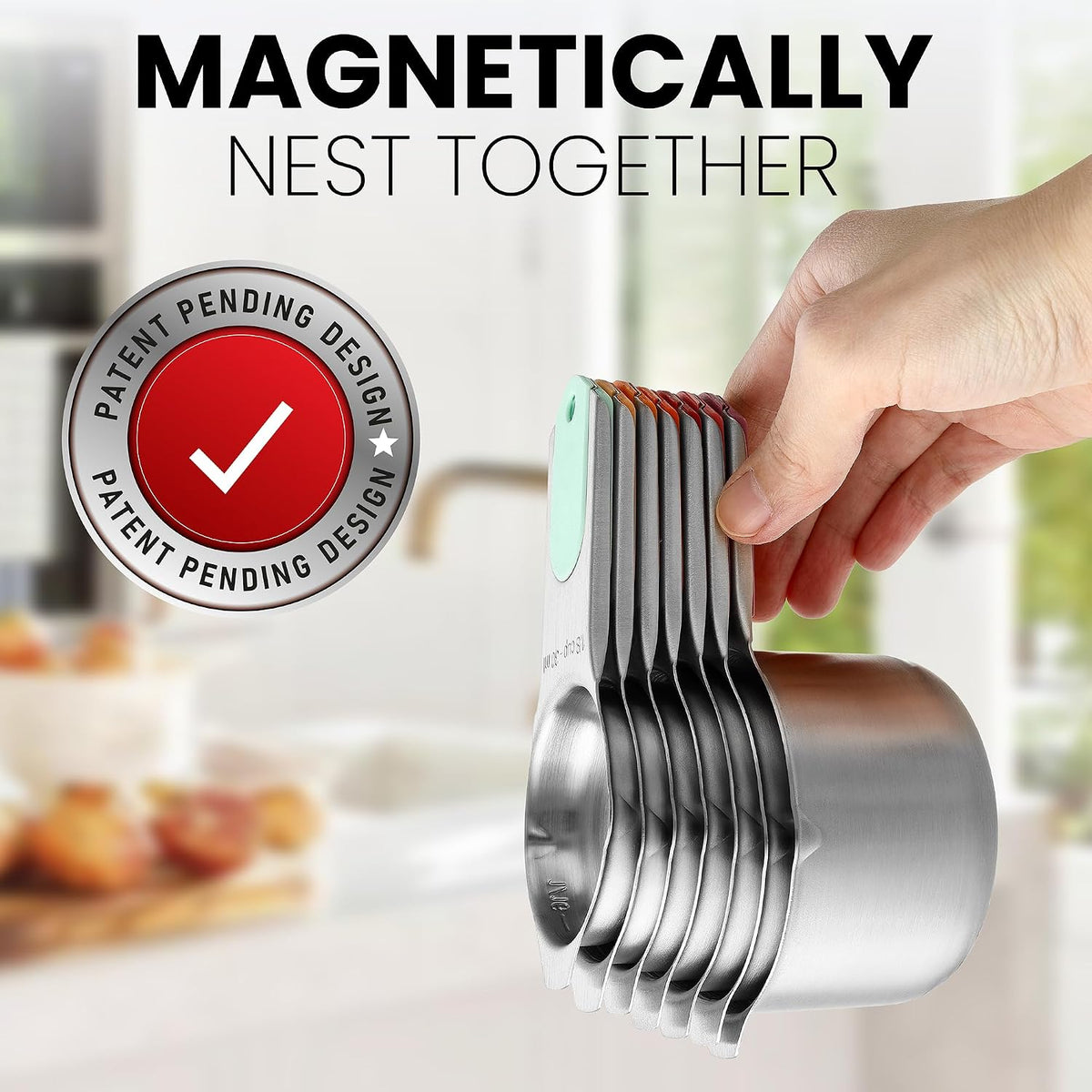 Magnetic Stainless Steel Measuring Cups Set of 7 Patented Black | Metal Measuring Cups for Measuring Dry or Liquid Ingredients, Easy to Read Markings, Dishwasher Safe Nesting Magnetic Cups
