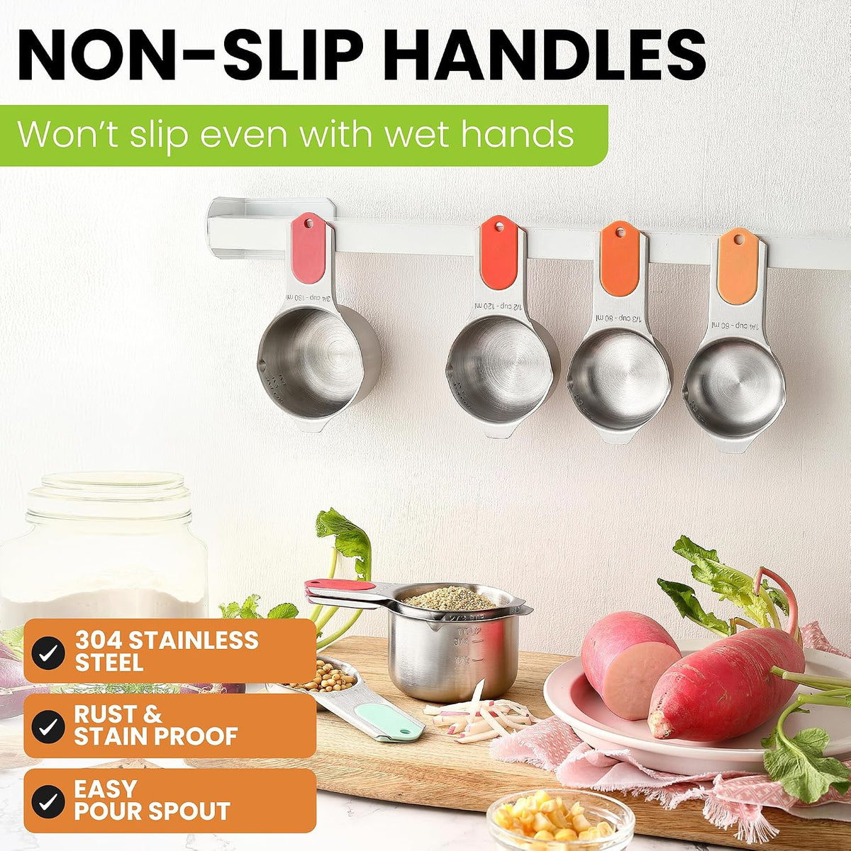 Magnetic Stainless Steel Measuring Cups Set of 7 Patented Black | Metal Measuring Cups for Measuring Dry or Liquid Ingredients, Easy to Read Markings, Dishwasher Safe Nesting Magnetic Cups