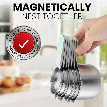 Magnetic Stainless Steel Measuring Cups Set of 7 Patented Black | Metal Measuring Cups for Measuring Dry or Liquid Ingredients, Easy to Read Markings, Dishwasher Safe Nesting Magnetic Cups