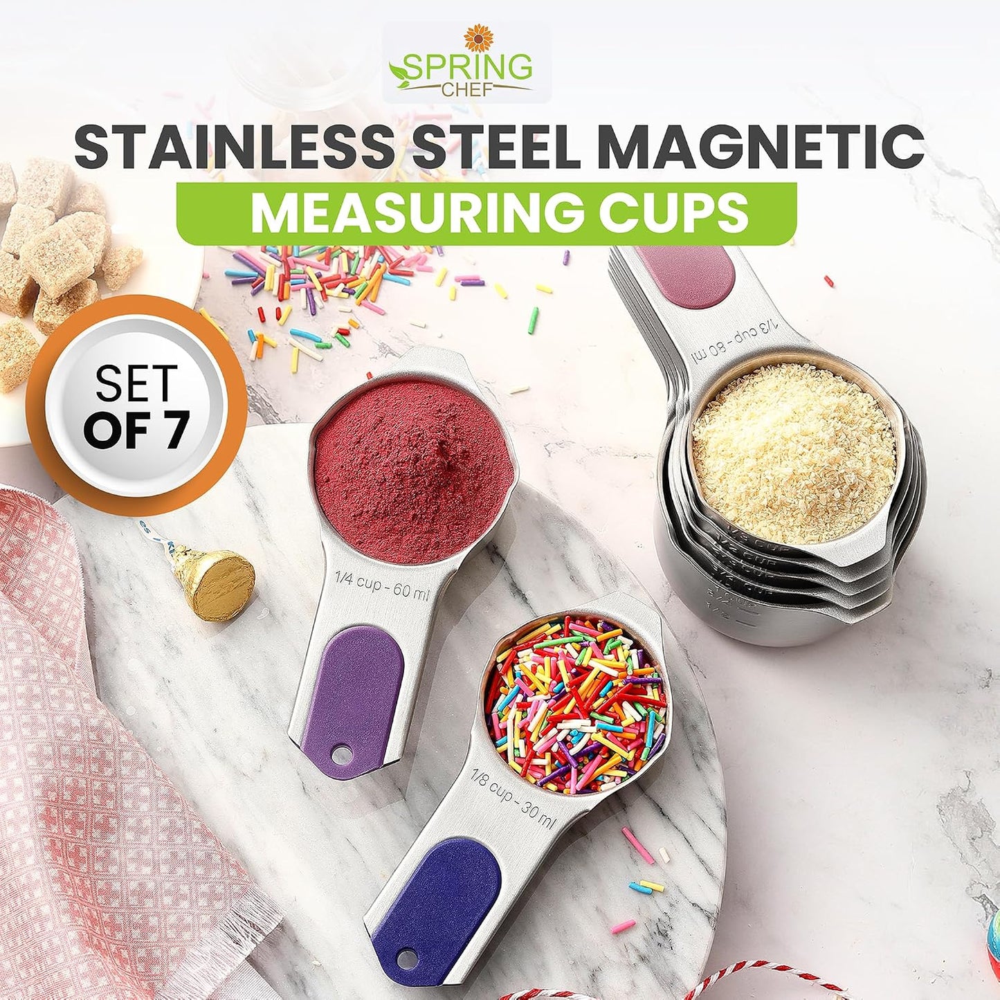 Magnetic Stainless Steel Measuring Cups Set of 7 Patented Black | Metal Measuring Cups for Measuring Dry or Liquid Ingredients, Easy to Read Markings, Dishwasher Safe Nesting Magnetic Cups