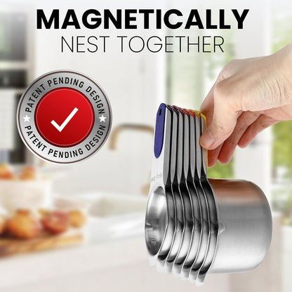 Magnetic Stainless Steel Measuring Cups Set of 7 Patented Black | Metal Measuring Cups for Measuring Dry or Liquid Ingredients, Easy to Read Markings, Dishwasher Safe Nesting Magnetic Cups