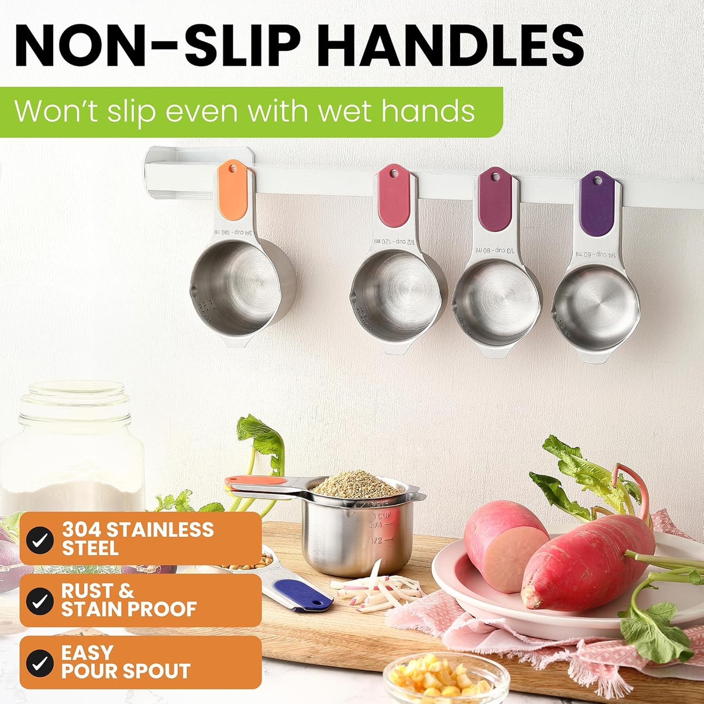 Magnetic Stainless Steel Measuring Cups Set of 7 Patented Black | Metal Measuring Cups for Measuring Dry or Liquid Ingredients, Easy to Read Markings, Dishwasher Safe Nesting Magnetic Cups