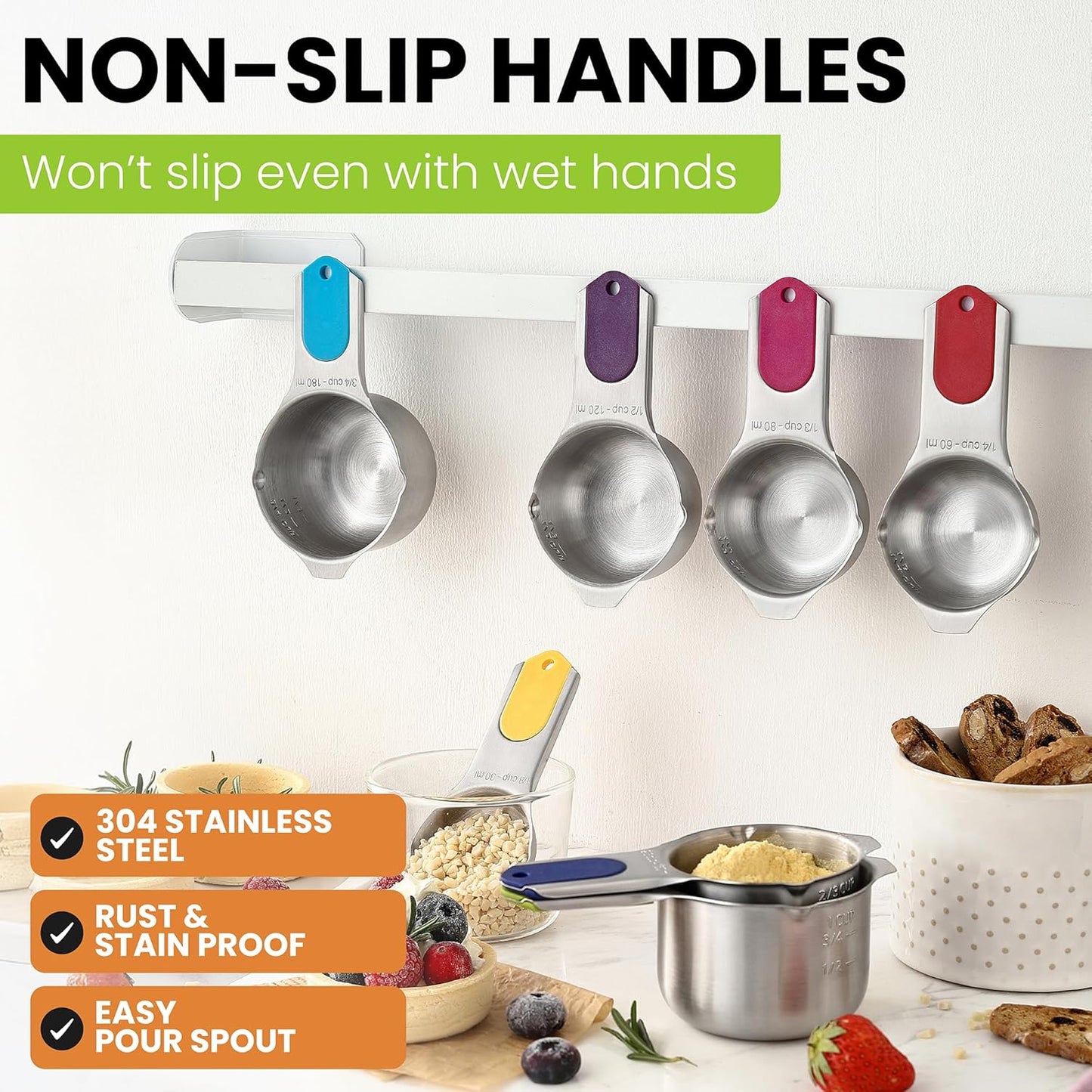 Magnetic Stainless Steel Measuring Cups Set of 7 Patented Black | Metal Measuring Cups for Measuring Dry or Liquid Ingredients, Easy to Read Markings, Dishwasher Safe Nesting Magnetic Cups