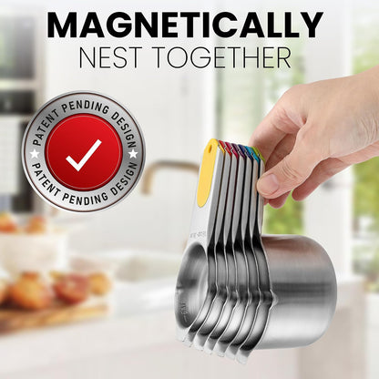 Magnetic Stainless Steel Measuring Cups Set of 7 Patented Black | Metal Measuring Cups for Measuring Dry or Liquid Ingredients, Easy to Read Markings, Dishwasher Safe Nesting Magnetic Cups