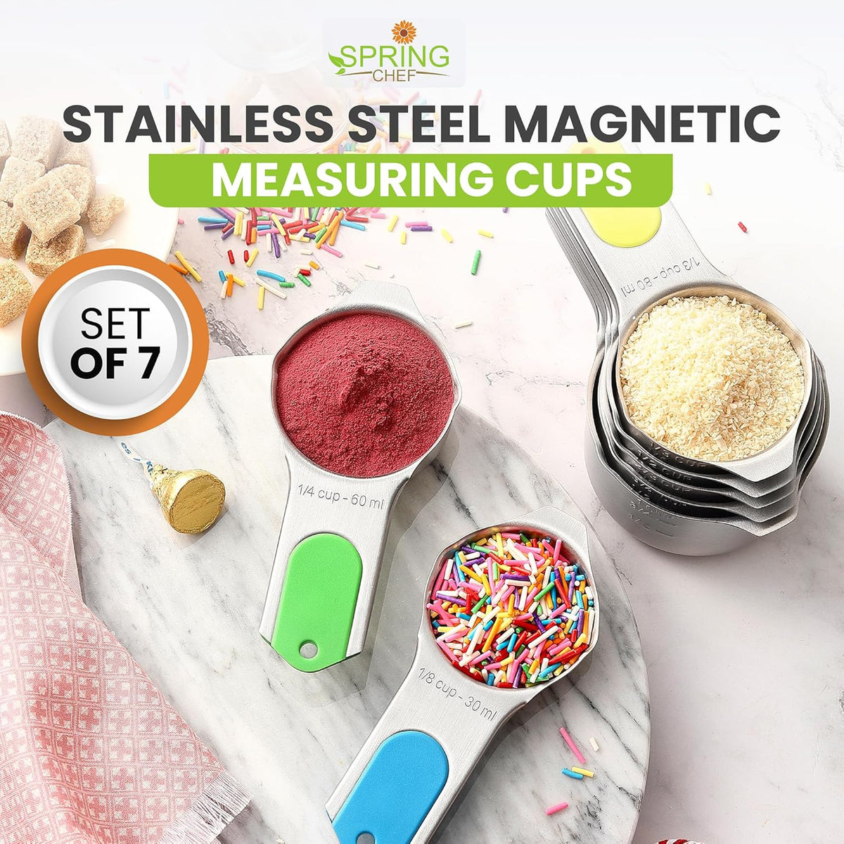 Magnetic Stainless Steel Measuring Cups Set of 7 Patented Black | Metal Measuring Cups for Measuring Dry or Liquid Ingredients, Easy to Read Markings, Dishwasher Safe Nesting Magnetic Cups
