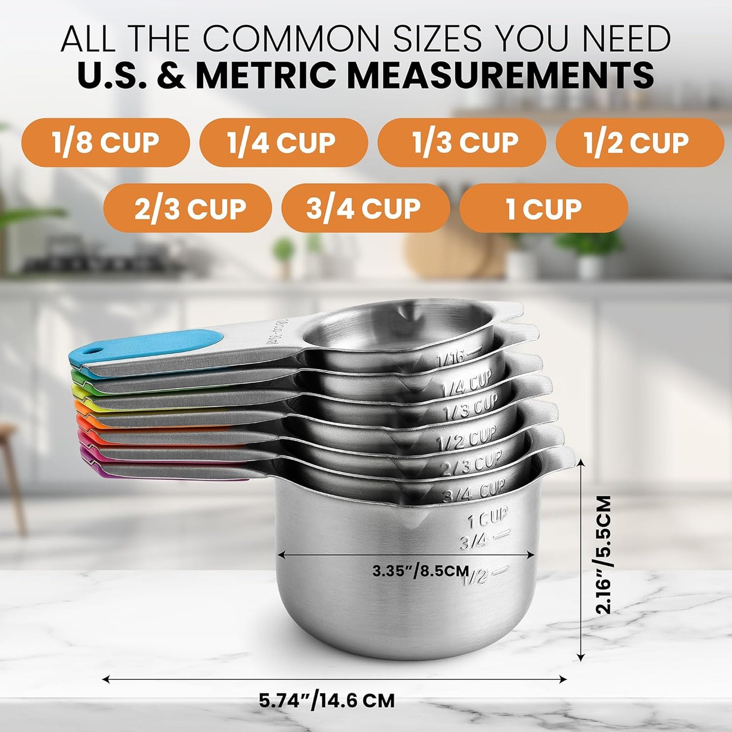 Magnetic Stainless Steel Measuring Cups Set of 7 Patented Black | Metal Measuring Cups for Measuring Dry or Liquid Ingredients, Easy to Read Markings, Dishwasher Safe Nesting Magnetic Cups