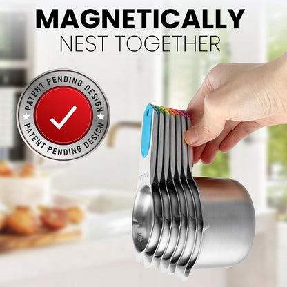 Magnetic Stainless Steel Measuring Cups Set of 7 Patented Black | Metal Measuring Cups for Measuring Dry or Liquid Ingredients, Easy to Read Markings, Dishwasher Safe Nesting Magnetic Cups