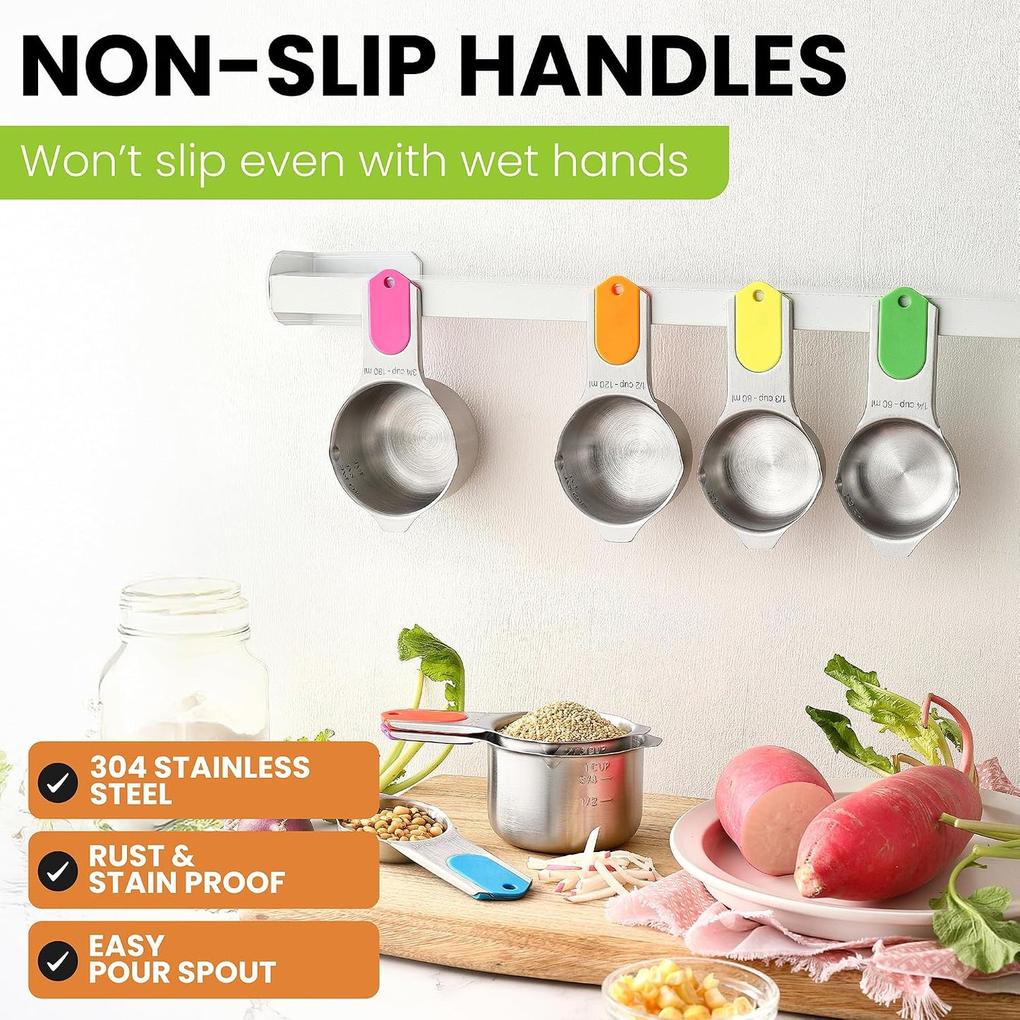 Magnetic Stainless Steel Measuring Cups Set of 7 Patented Black | Metal Measuring Cups for Measuring Dry or Liquid Ingredients, Easy to Read Markings, Dishwasher Safe Nesting Magnetic Cups