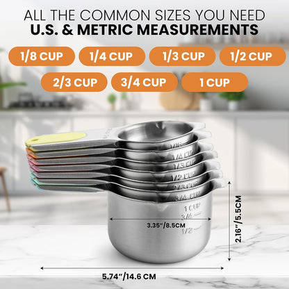 Magnetic Stainless Steel Measuring Cups Set of 7 Patented Black | Metal Measuring Cups for Measuring Dry or Liquid Ingredients, Easy to Read Markings, Dishwasher Safe Nesting Magnetic Cups