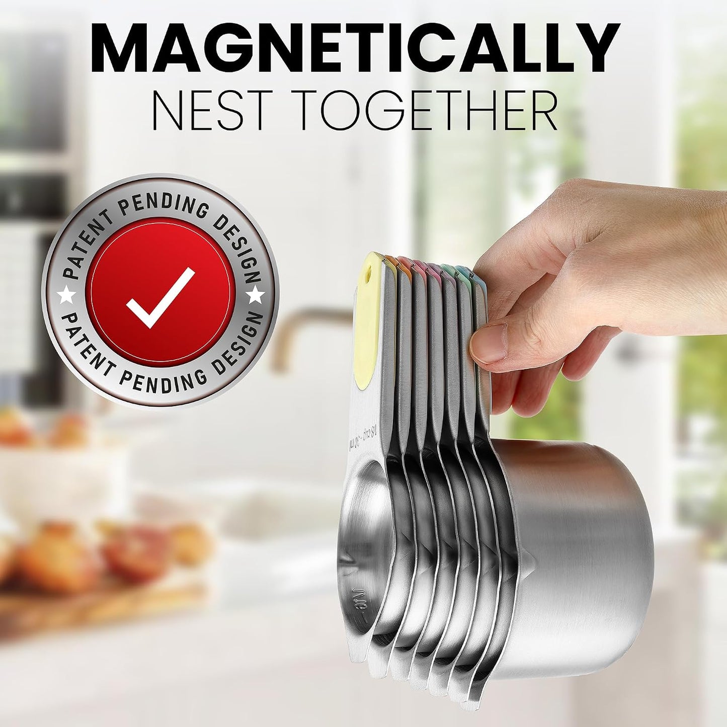 Magnetic Stainless Steel Measuring Cups Set of 7 Patented Black | Metal Measuring Cups for Measuring Dry or Liquid Ingredients, Easy to Read Markings, Dishwasher Safe Nesting Magnetic Cups