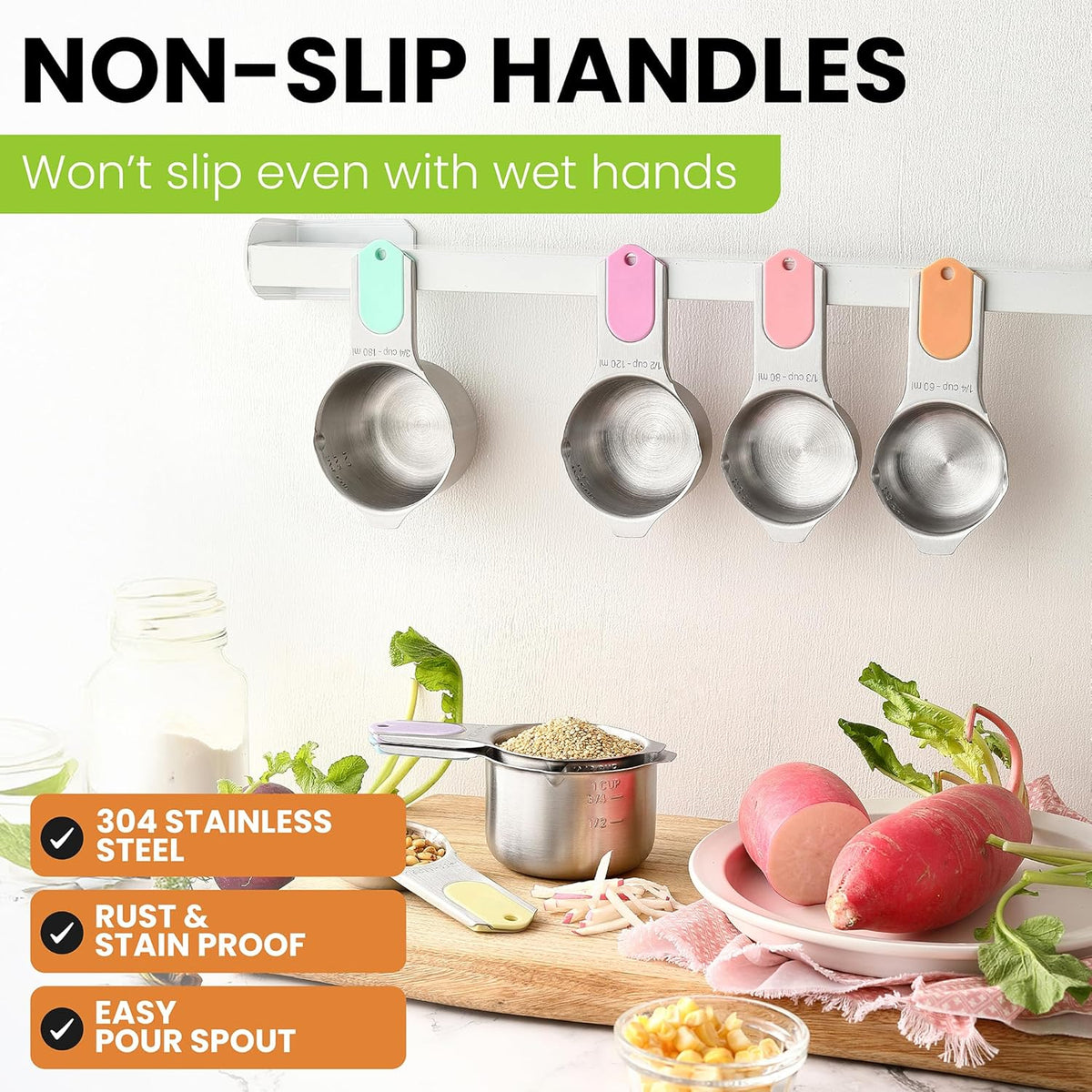 Magnetic Stainless Steel Measuring Cups Set of 7 Patented Black | Metal Measuring Cups for Measuring Dry or Liquid Ingredients, Easy to Read Markings, Dishwasher Safe Nesting Magnetic Cups
