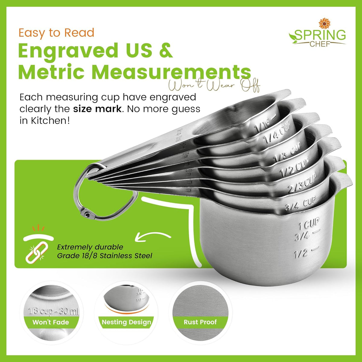 Magnetic Stainless Steel Measuring Cups Set of 7 Patented Black | Metal Measuring Cups for Measuring Dry or Liquid Ingredients, Easy to Read Markings, Dishwasher Safe Nesting Magnetic Cups