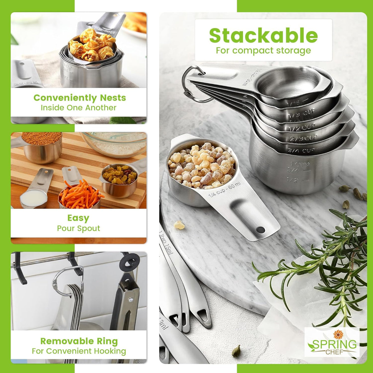 Magnetic Stainless Steel Measuring Cups Set of 7 Patented Black | Metal Measuring Cups for Measuring Dry or Liquid Ingredients, Easy to Read Markings, Dishwasher Safe Nesting Magnetic Cups
