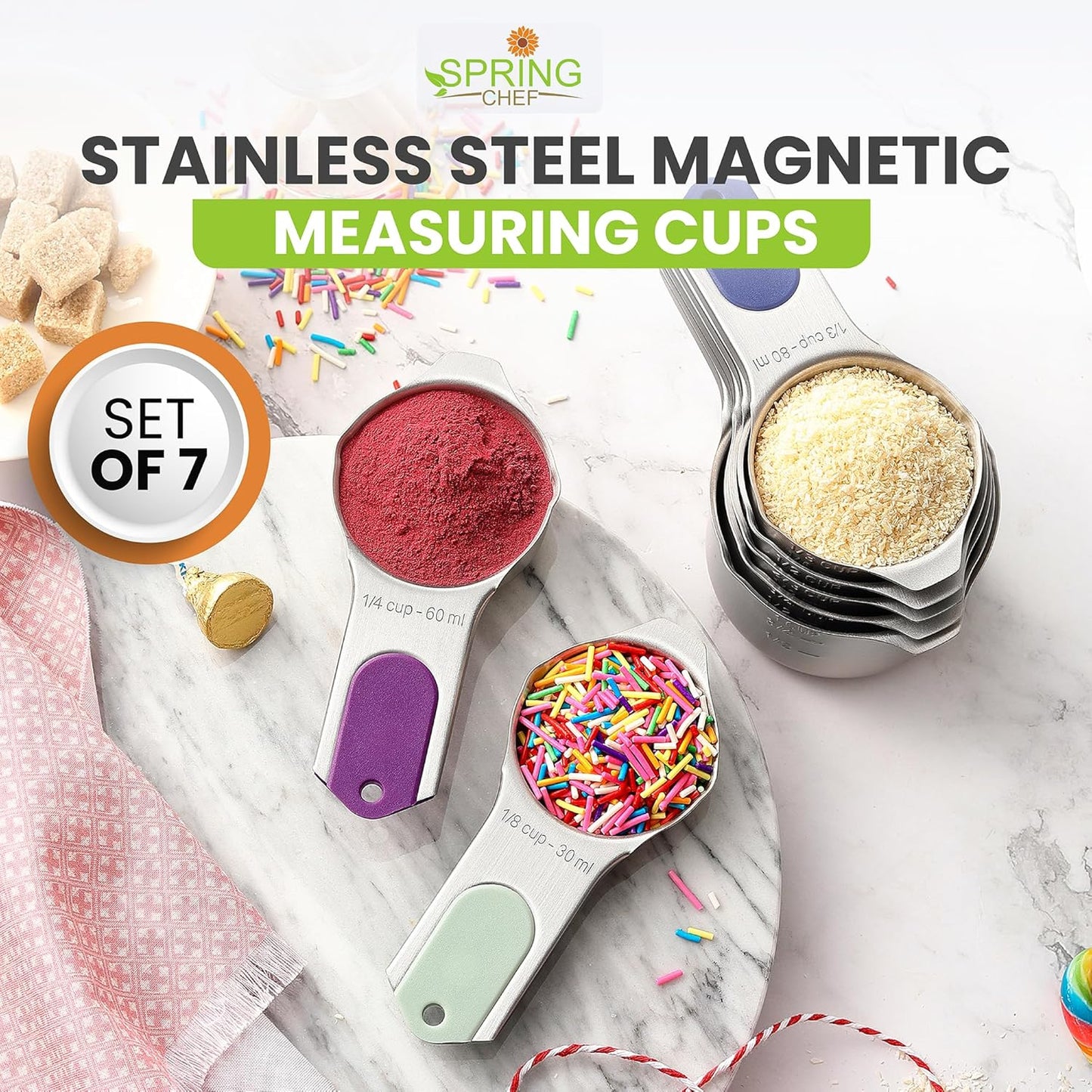 Magnetic Stainless Steel Measuring Cups Set of 7 Patented Black | Metal Measuring Cups for Measuring Dry or Liquid Ingredients, Easy to Read Markings, Dishwasher Safe Nesting Magnetic Cups