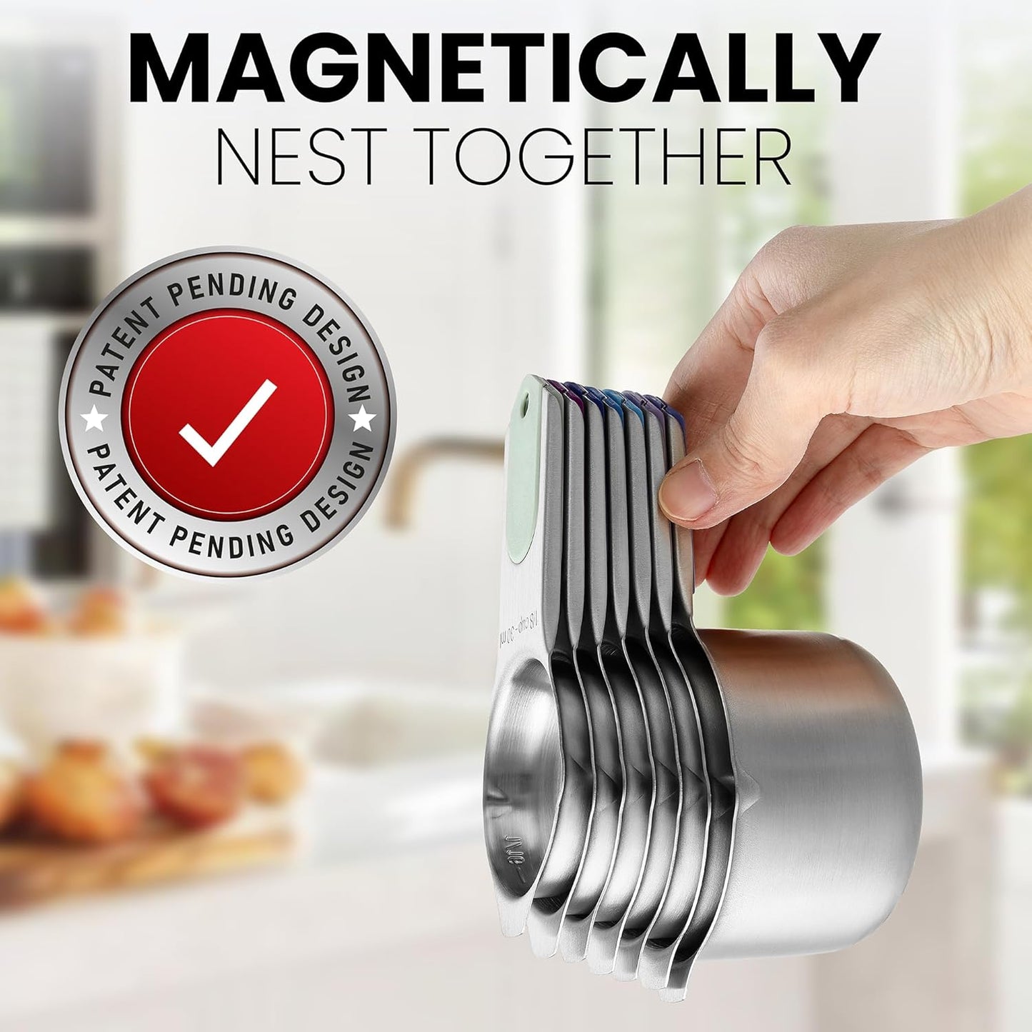 Magnetic Stainless Steel Measuring Cups Set of 7 Patented Black | Metal Measuring Cups for Measuring Dry or Liquid Ingredients, Easy to Read Markings, Dishwasher Safe Nesting Magnetic Cups