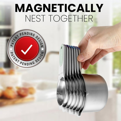Magnetic Stainless Steel Measuring Cups Set of 7 Patented Black | Metal Measuring Cups for Measuring Dry or Liquid Ingredients, Easy to Read Markings, Dishwasher Safe Nesting Magnetic Cups