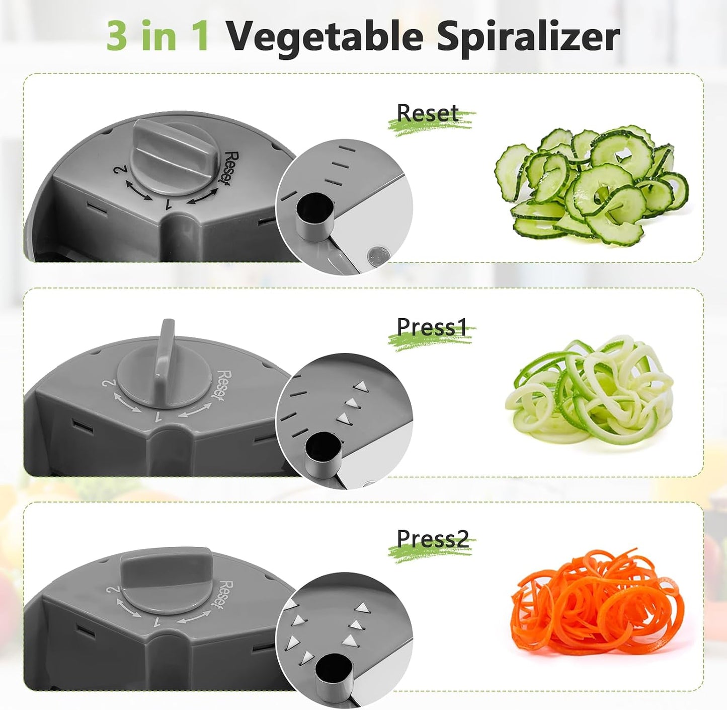 3-in-1 Vegetable Spiralizer Slicer, Adjustable Mandoline Spiral Cutter for Zucchini Noodles, Carrots, Cucumber (Grey)