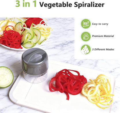3-in-1 Vegetable Spiralizer Slicer, Adjustable Mandoline Spiral Cutter for Zucchini Noodles, Carrots, Cucumber (Grey)