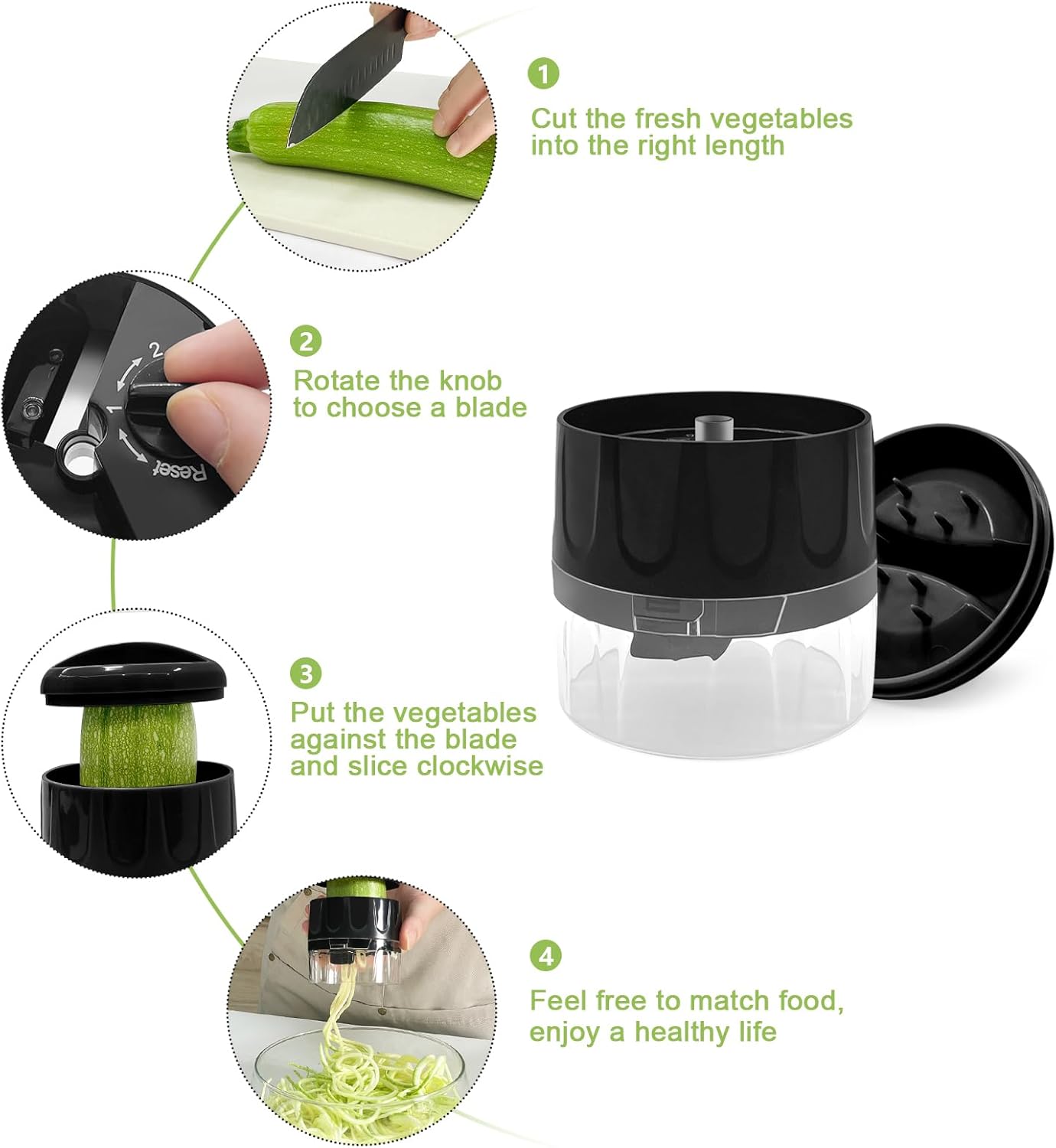 3-in-1 Vegetable Spiralizer Slicer, Adjustable Mandoline Spiral Cutter for Zucchini Noodles, Carrots, Cucumber (Grey)