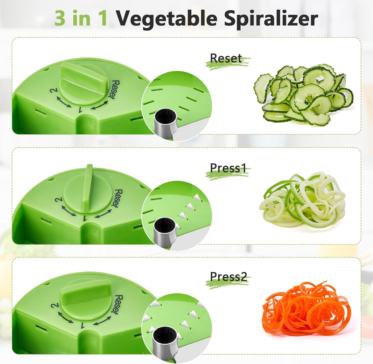 3-in-1 Vegetable Spiralizer Slicer, Adjustable Mandoline Spiral Cutter for Zucchini Noodles, Carrots, Cucumber (Grey)