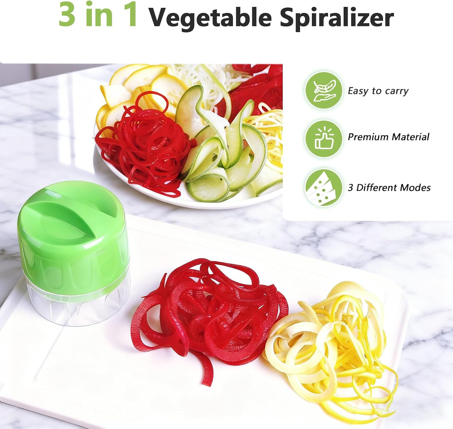 3-in-1 Vegetable Spiralizer Slicer, Adjustable Mandoline Spiral Cutter for Zucchini Noodles, Carrots, Cucumber (Grey)