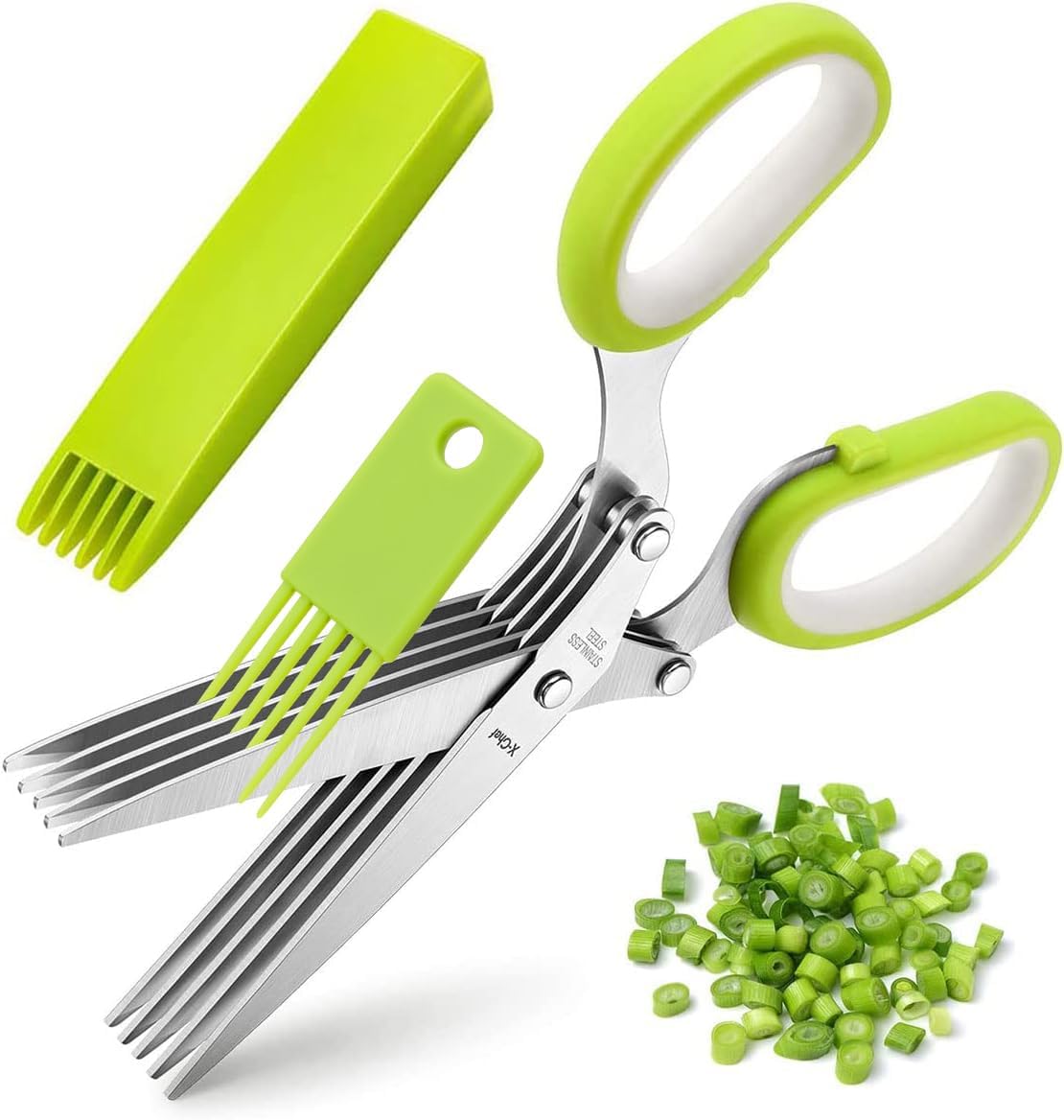Multipurpose 5 Blade Herb Scissors | Kitchen Herb Shears Herb Cutter with Safety Cover and Cleaning Comb for Chopping Basil Chive Parsley (Green)
