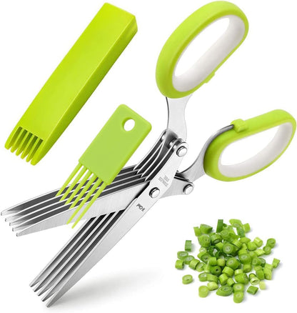 Multipurpose 5 Blade Herb Scissors | Kitchen Herb Shears Herb Cutter with Safety Cover and Cleaning Comb for Chopping Basil Chive Parsley (Green)