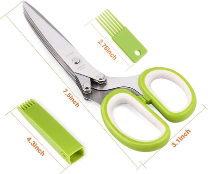 Multipurpose 5 Blade Herb Scissors | Kitchen Herb Shears Herb Cutter with Safety Cover and Cleaning Comb for Chopping Basil Chive Parsley (Green)