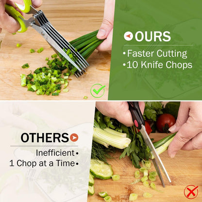Multipurpose 5 Blade Herb Scissors | Kitchen Herb Shears Herb Cutter with Safety Cover and Cleaning Comb for Chopping Basil Chive Parsley (Green)