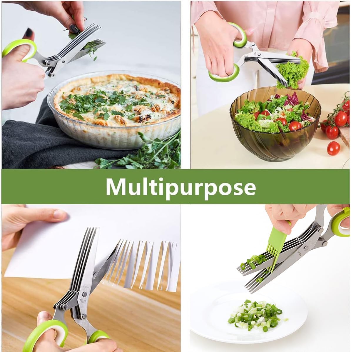 Multipurpose 5 Blade Herb Scissors | Kitchen Herb Shears Herb Cutter with Safety Cover and Cleaning Comb for Chopping Basil Chive Parsley (Green)