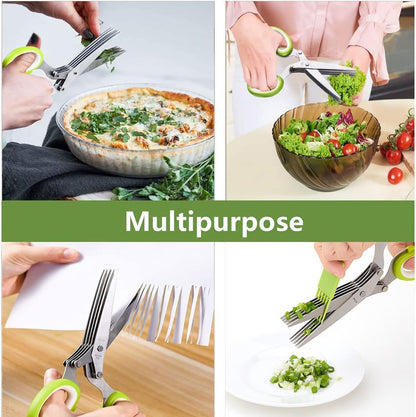 Multipurpose 5 Blade Herb Scissors | Kitchen Herb Shears Herb Cutter with Safety Cover and Cleaning Comb for Chopping Basil Chive Parsley (Green)