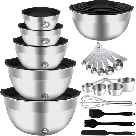 Mixing Bowls Set, 25PCS Stainless Steel Mixing Bowl with Lid Set, Large Nesting Bowls 7, 4.5, 3,2, 1.5QT, Measuring Cups and Spoons Baking Utensils Metal Bowl for Kitchen Prep