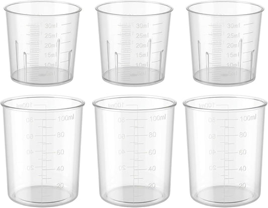 6 Pack Ounce Measuring Cup Set, 1 Oz (30 Ml), 3.4 Oz (100 Ml) Small Plastic Liquid Measuring Cups, Clear Graduated Beakers for Mixing Cooking Baking Kitchen Crafts Lab