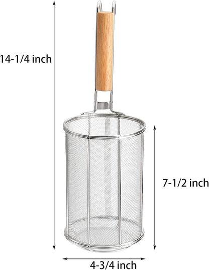 Spaghetti Pasta Strainer Spoon, Stainless Steel Noodle Strainer with Wood Handle, Kitchen Mesh Spider Strainer Food Strainer, Deep Fry Basket for Rinsing, Straining, Draining