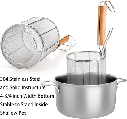 Spaghetti Pasta Strainer Spoon, Stainless Steel Noodle Strainer with Wood Handle, Kitchen Mesh Spider Strainer Food Strainer, Deep Fry Basket for Rinsing, Straining, Draining